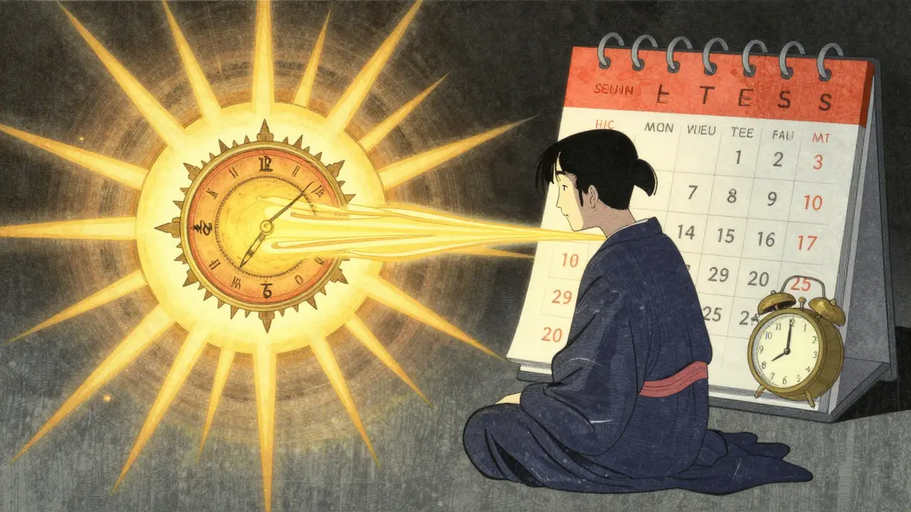 Person receiving morning light therapy as golden rays feed a clockwork heart, calendar flipping days.