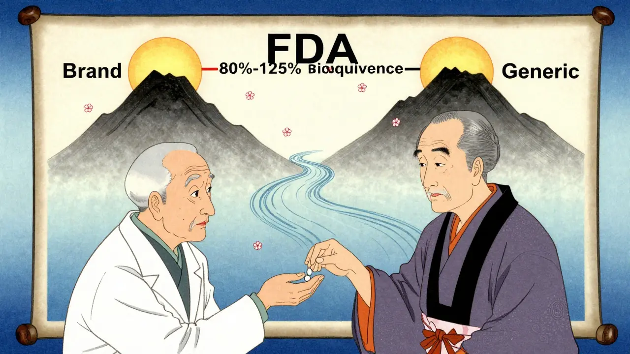 Pharmacist handing a pill to an elderly patient, with a scroll showing bioequivalence as a river between two mountains.