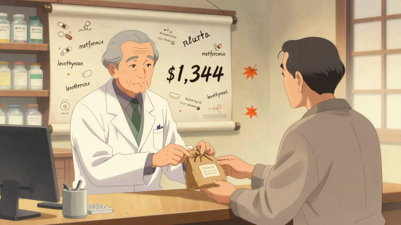 Pharmacist handing medication with a scroll showing ,344 saved in calligraphy