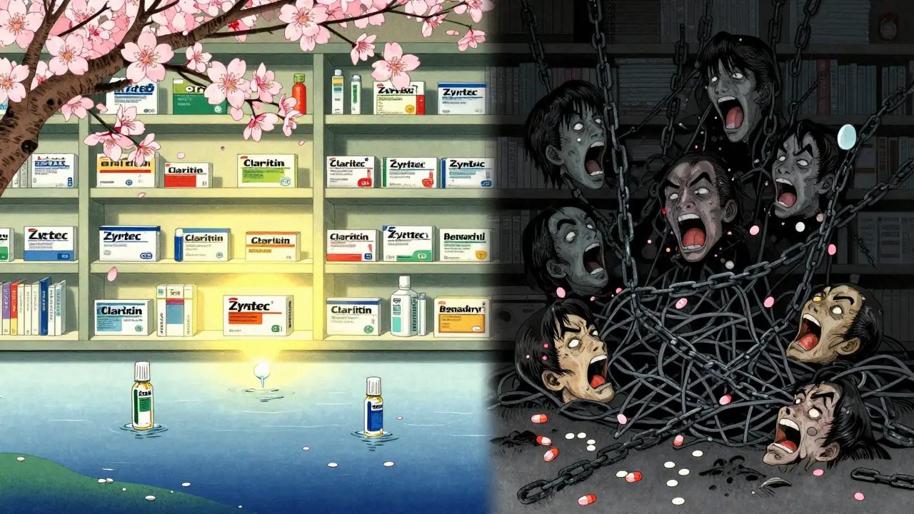 Pharmacy shelf divided: safe antihistamines glowing peacefully, dangerous ones tangled in chains.