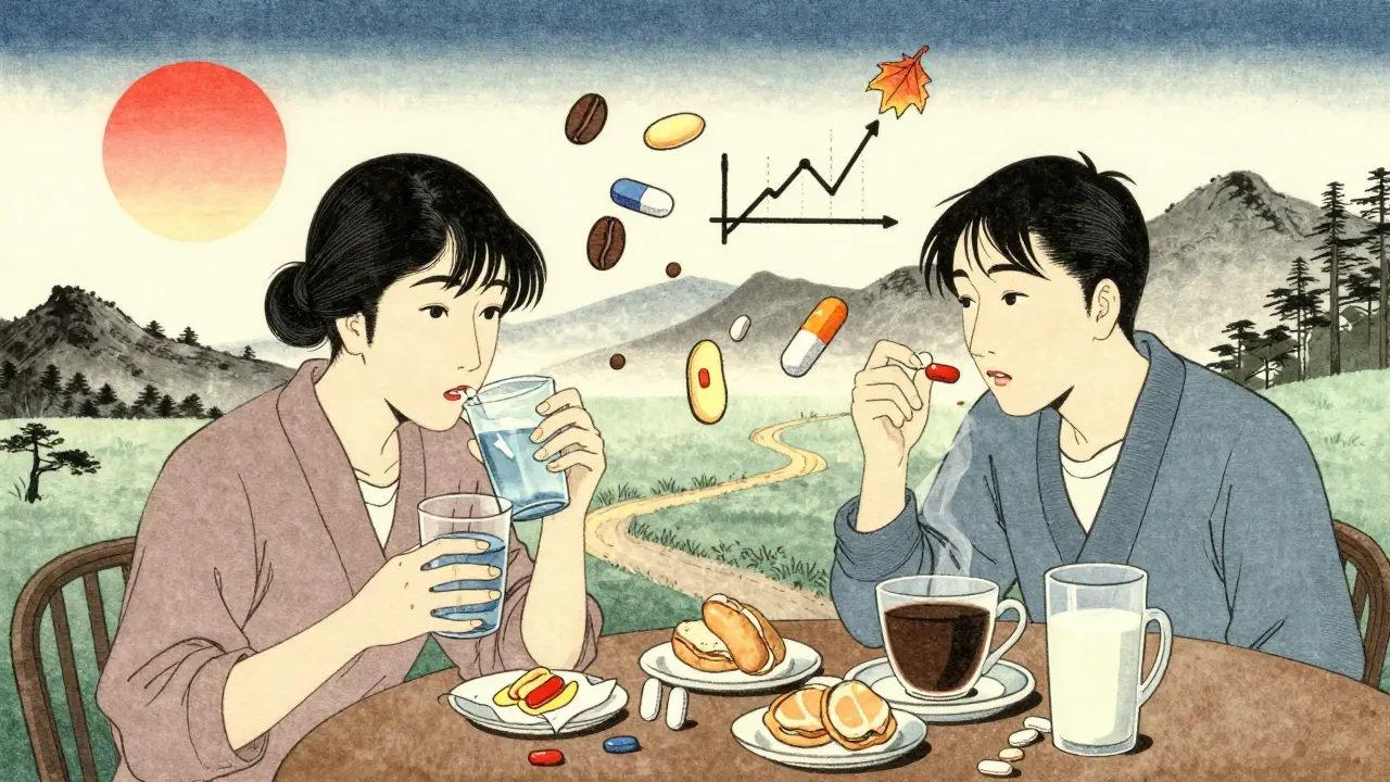 Split illustration showing correct vs. incorrect levothyroxine habits, with symbolic floating objects in ukiyo-e style.