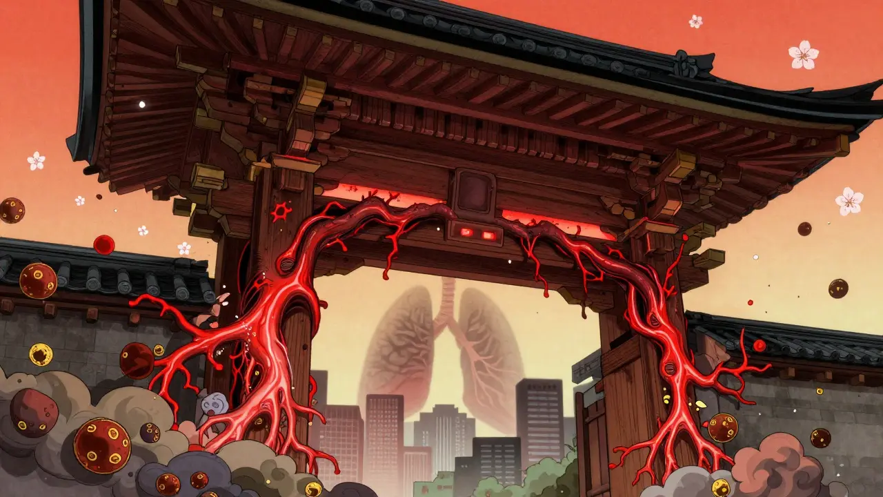 Temple beams transformed into inflamed arteries, surrounded by warrior-like immune cells in ukiyo-e style.