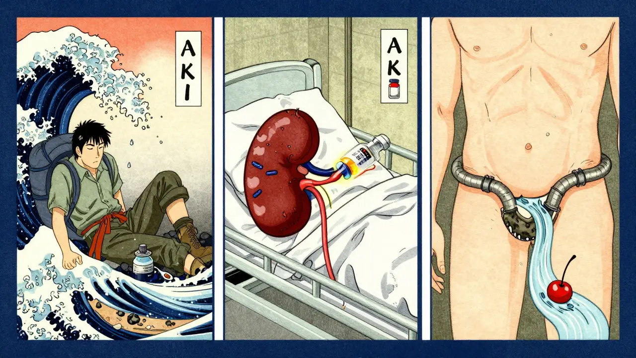 Three illustrated scenes showing dehydration, toxic medication, and urinary blockage as causes of acute kidney injury.