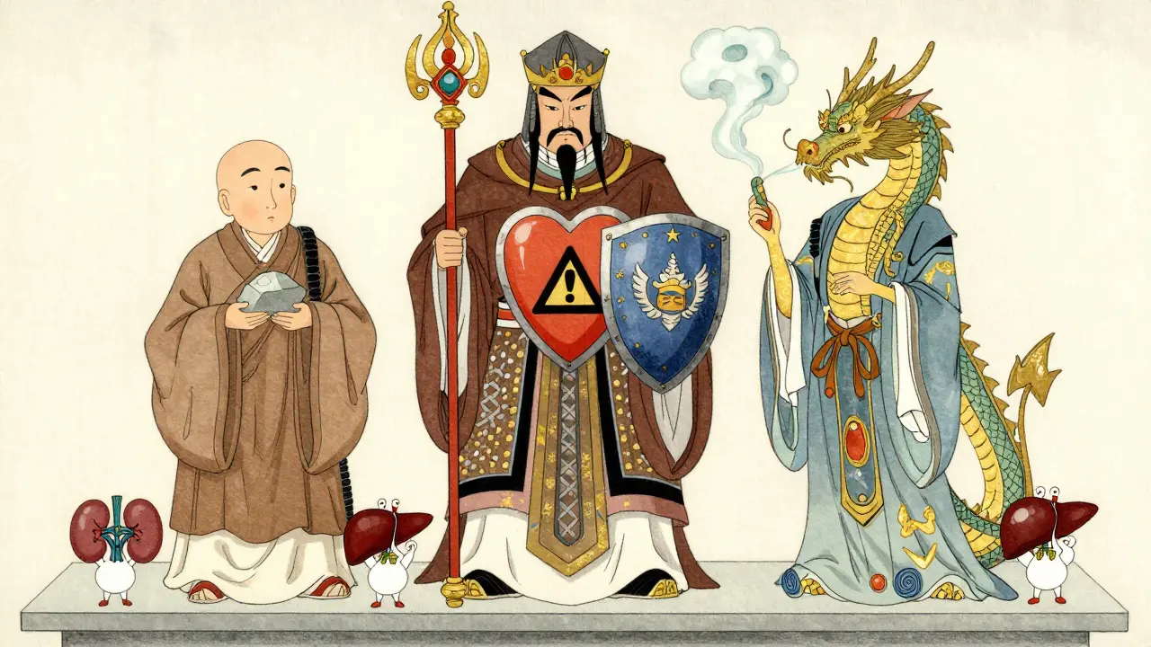Three medicinal figures on a shelf: allopurinol monk, febuxostat warrior, and pegloticase dragon in traditional Japanese art style.