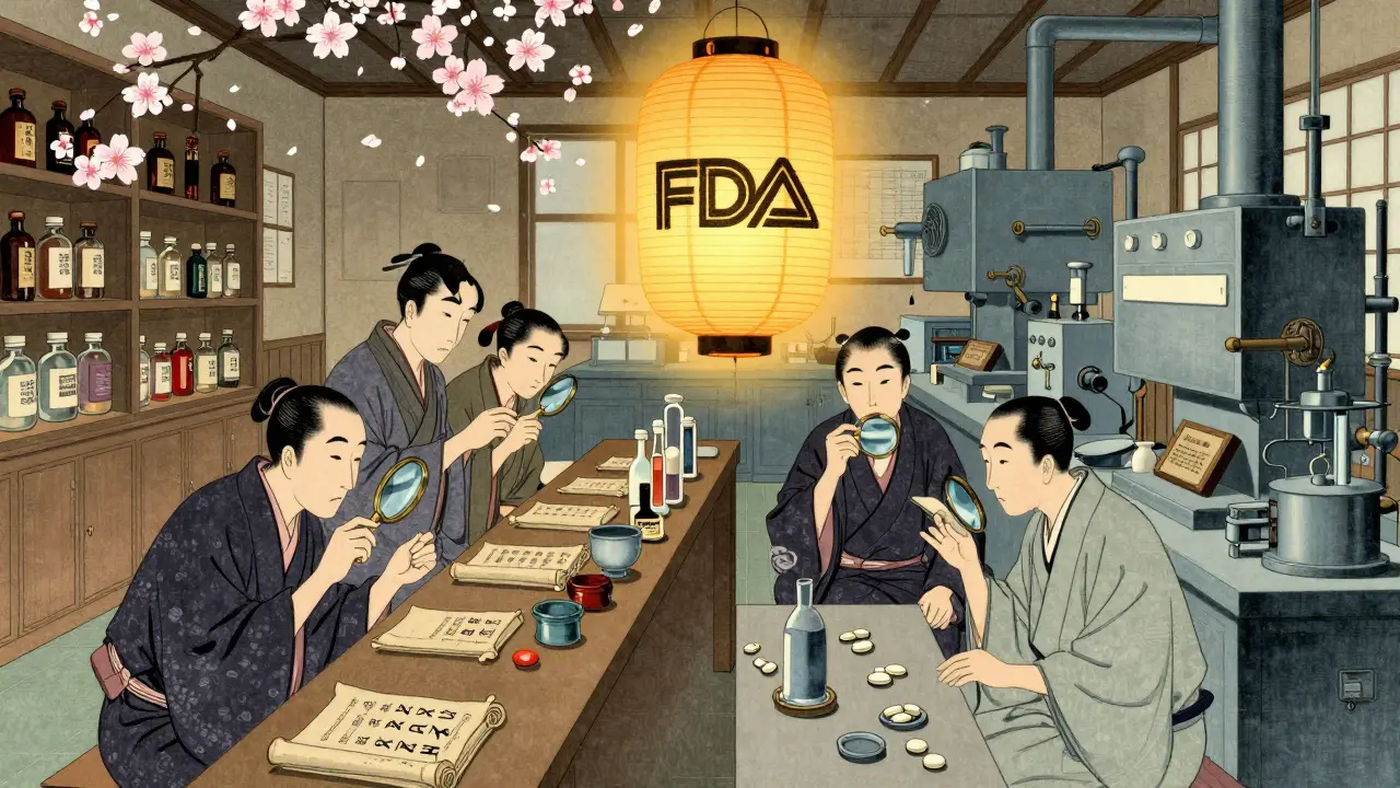 Two identical pharmaceutical labs, one traditional and one modern, producing the same pills under the FDA's watchful glow.