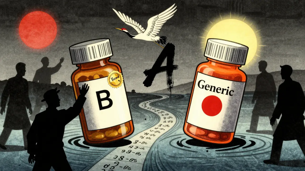 Two pill bottles float above an ink river; one glows with an 'A' code as shadowy figures reach for a 'B' coded bottle.