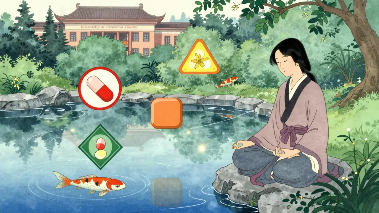 Woman meditating beside a pond with floating medication symbols in Japanese artistic style.