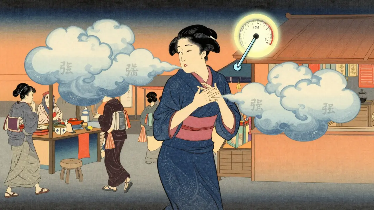 Woman pausing in marketplace with visible breath clouds and floating spirometer.