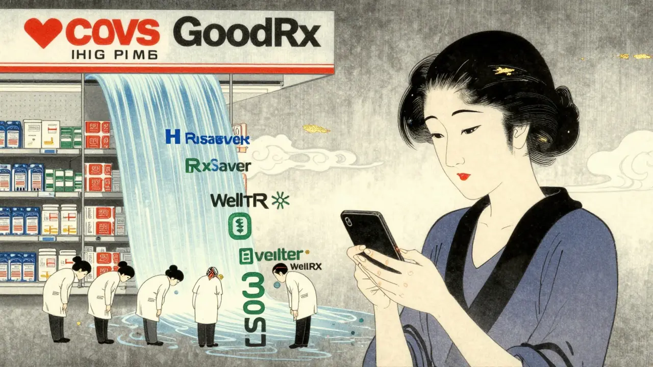 Woman using phone to compare drug prices as a waterfall of savings flows between pharmacies