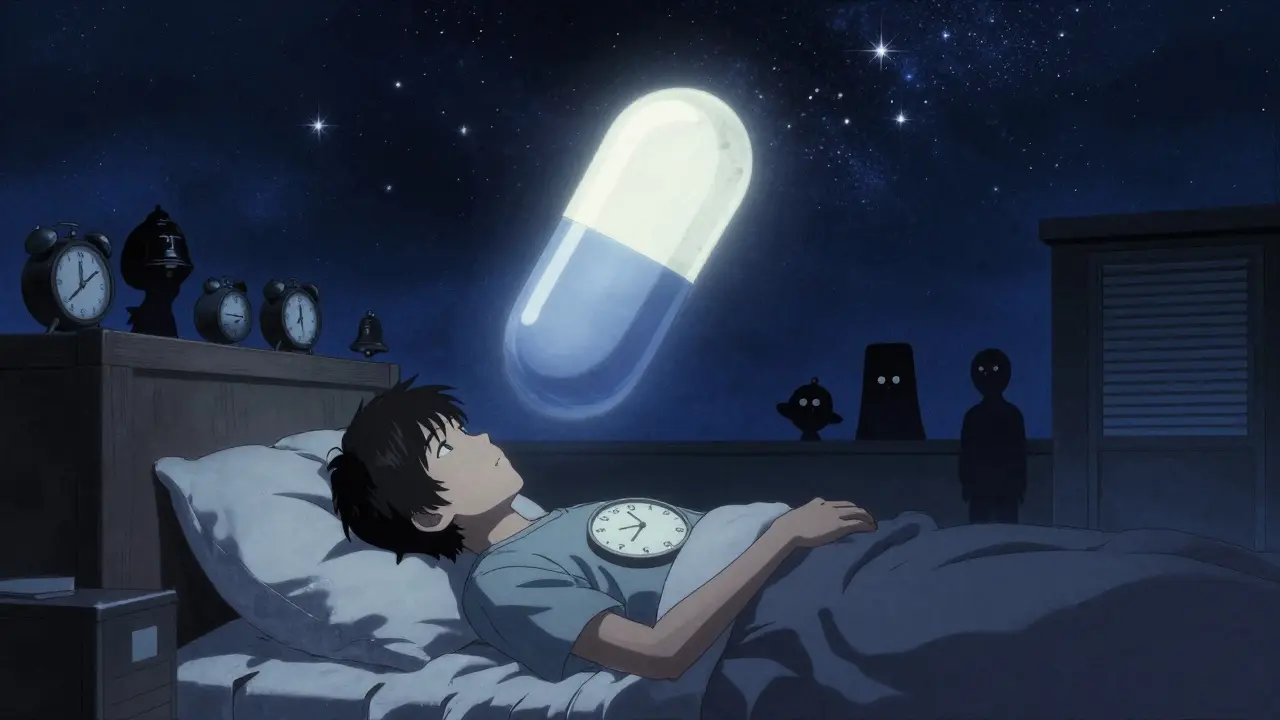Young person in bed with melatonin capsule as moon and internal clock ticking from 3 a.m. to 6 a.m.
