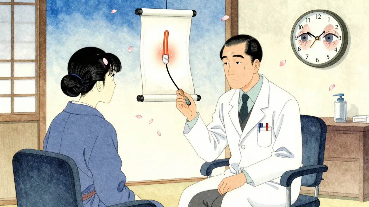 A doctor and patient in consultation, a tear duct plug visible on a floating scroll, eyes healing as cherry petals drift around them.