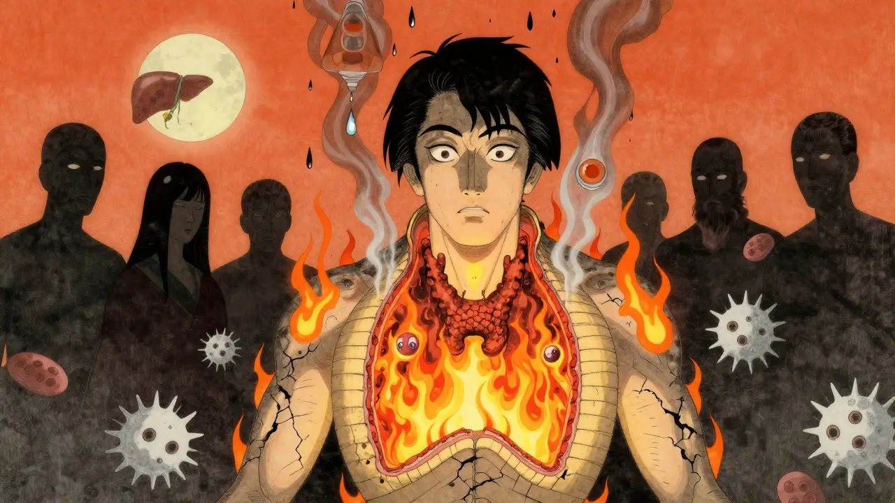 A man’s body split open revealing a thyroid furnace in storm, doused by a single drop of PTU, with liver cells watching in ink-wash shadows.