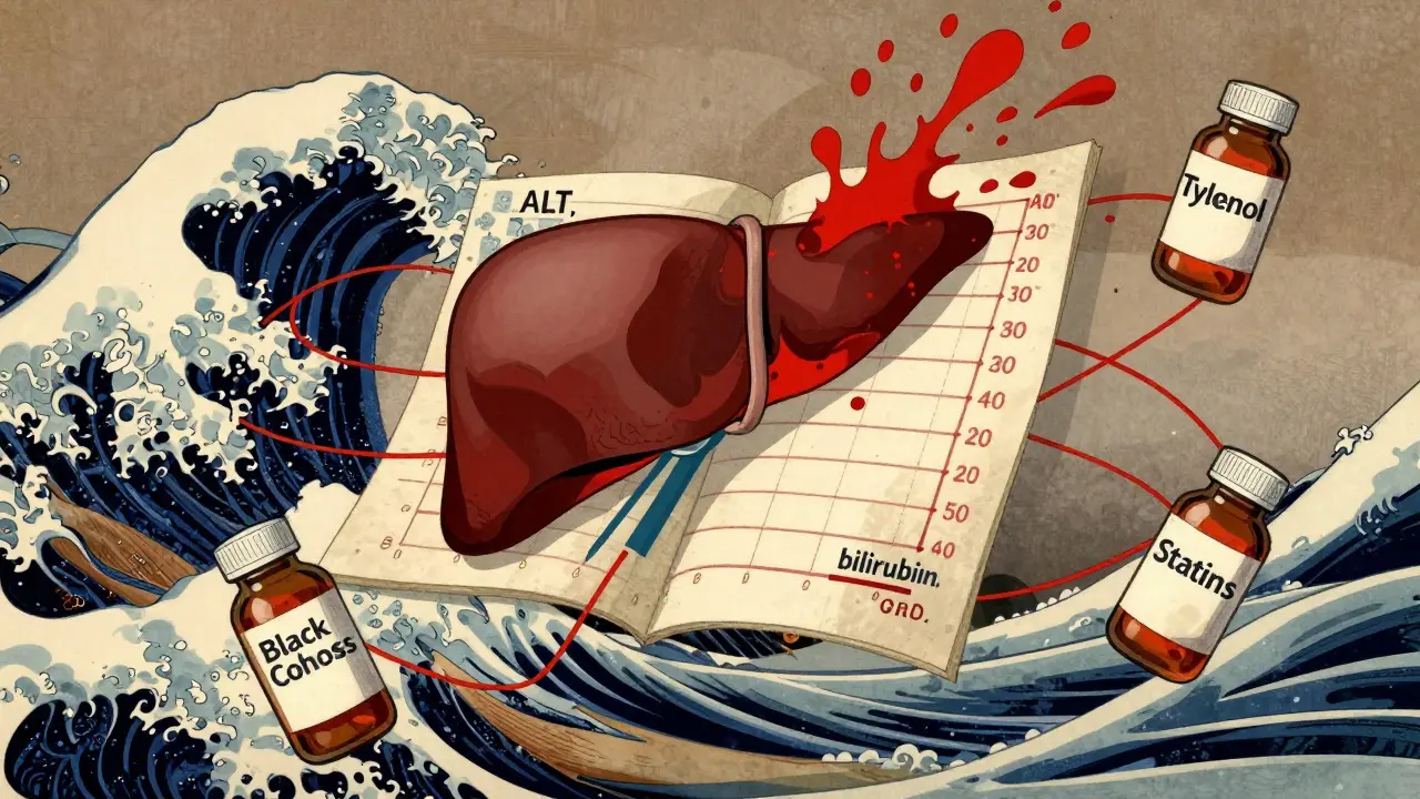 A medical chart with spiked liver enzymes surrounded by interacting pill bottles in ukiyo-e style.