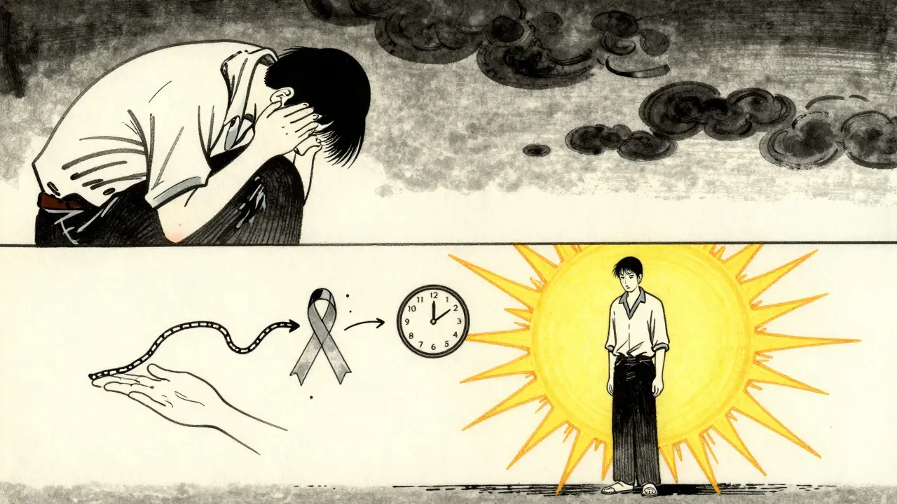 A person transitions from pain to healing, shown in a split-panel scene with symbols of time, tapering, and nerve pathways.