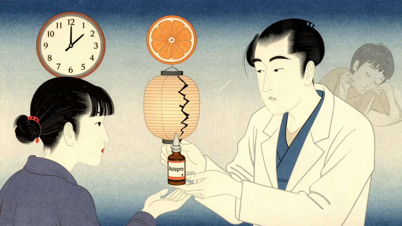 A pharmacist giving a nasal spray bottle with symbolic elements like a citrus slice and healing lantern.