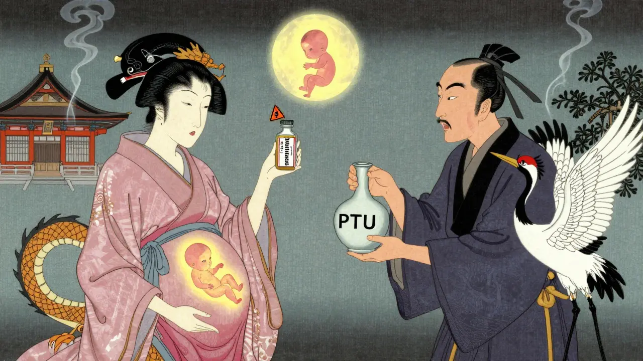 A pregnant woman being counseled by two physicians, one holding methimazole with a warning dragon, the other offering PTU guarded by a crane, symbolizing fetal safety.