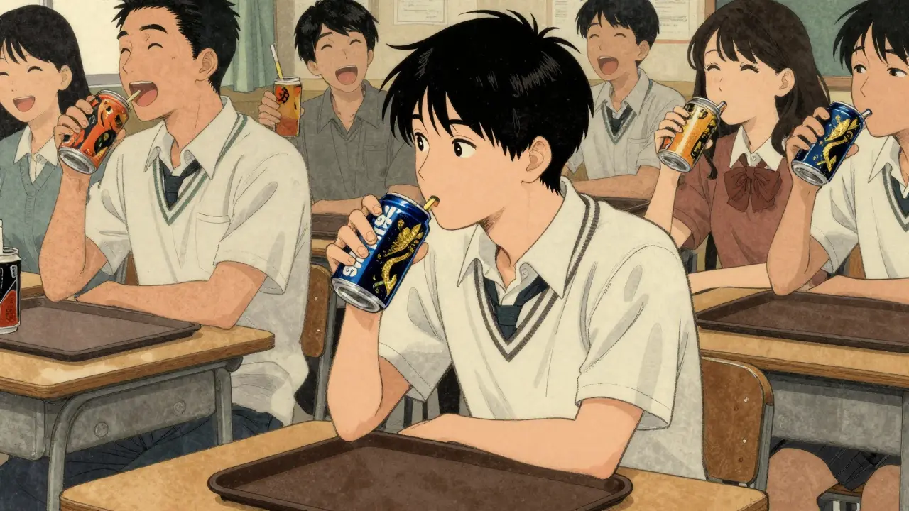 A student sits alone at lunch, gazing at a popular classmate drinking an energy drink.