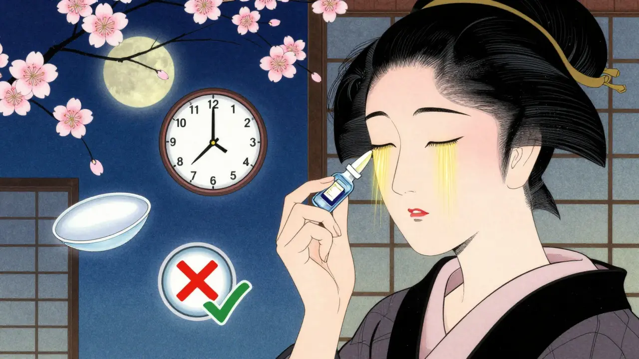 A woman applying a preservative-free eye drop at night, with floating icons of time, bathroom, and contact lens.