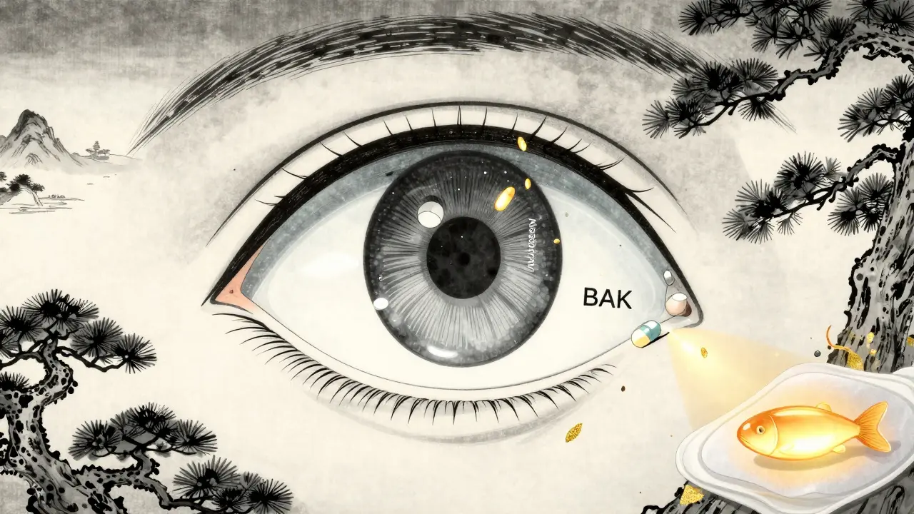 An eye's tear layers disrupted by prescription pills, with omega-3 fish and warm compress restoring balance in a Japanese landscape.
