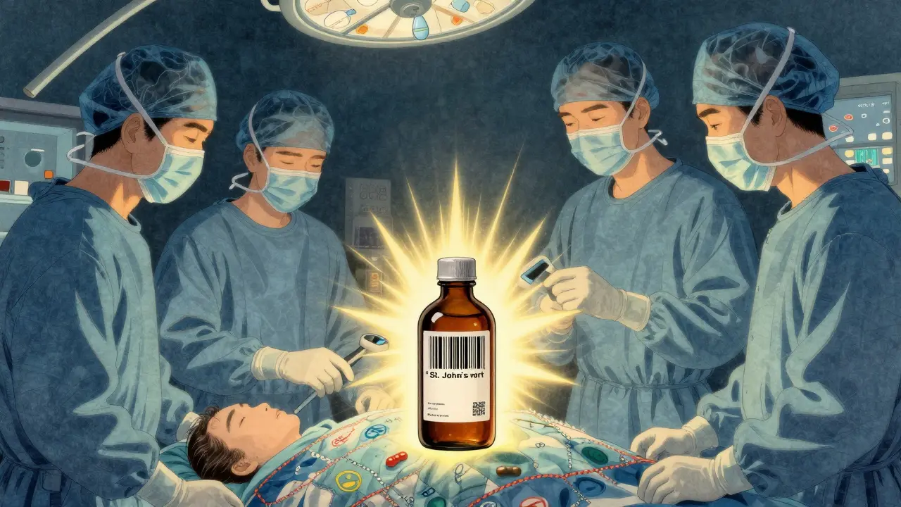 Barcode scans St. John’s Wort, casting warning light over surgical team, patient sleeps with healing symbols nearby.
