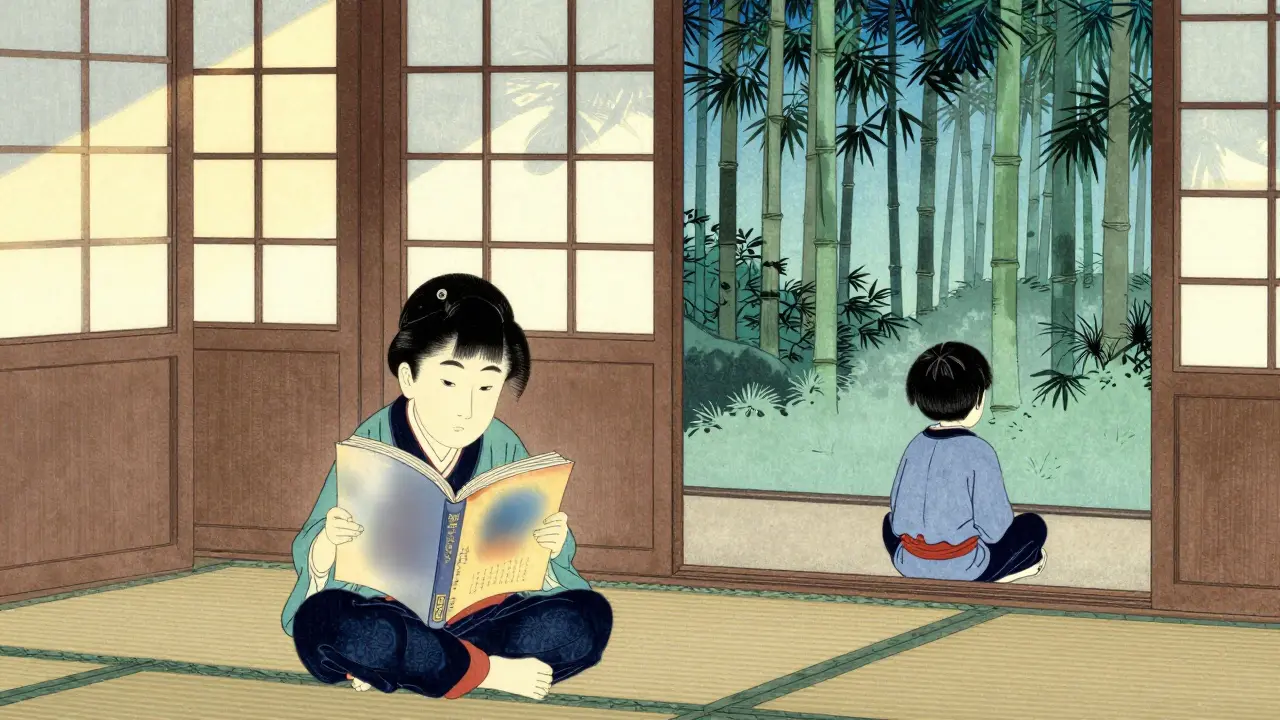 Child indoors struggling with blurry book while another sees clear trees outdoors