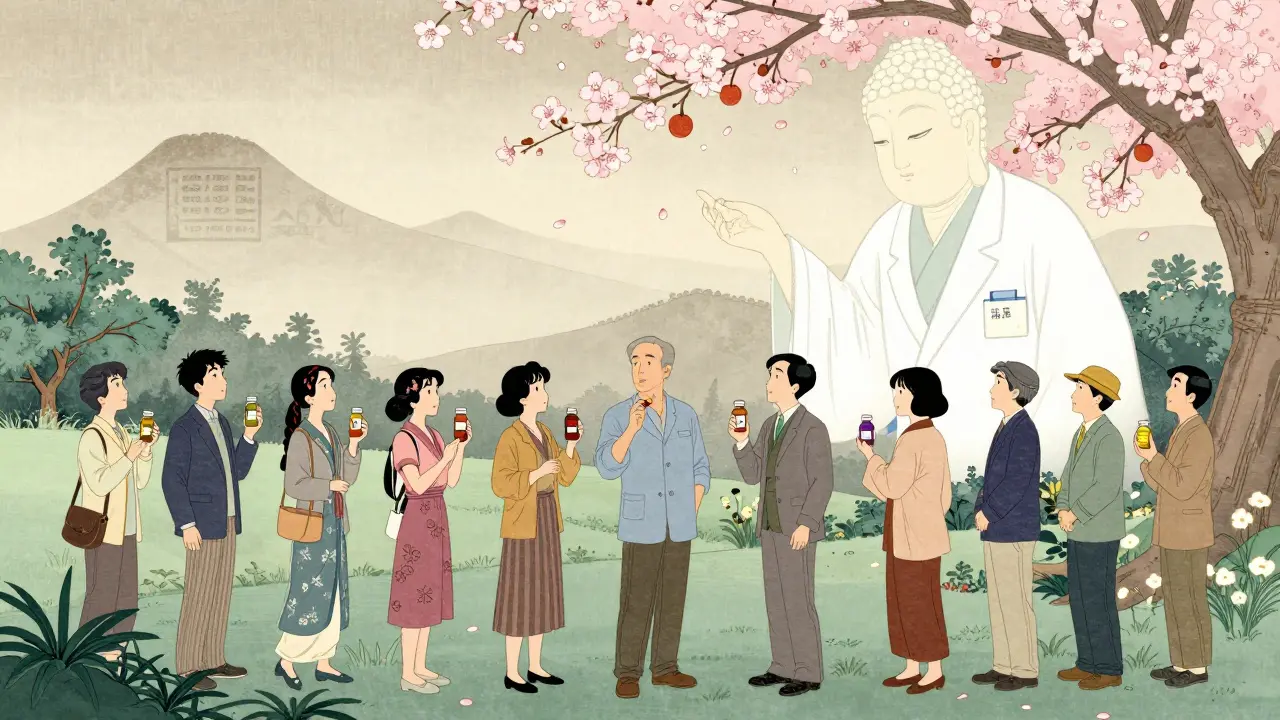 Diverse group holding pill bottles as a pharmacist figure points to a tree of generics, in serene ukiyo-e inspired scene.