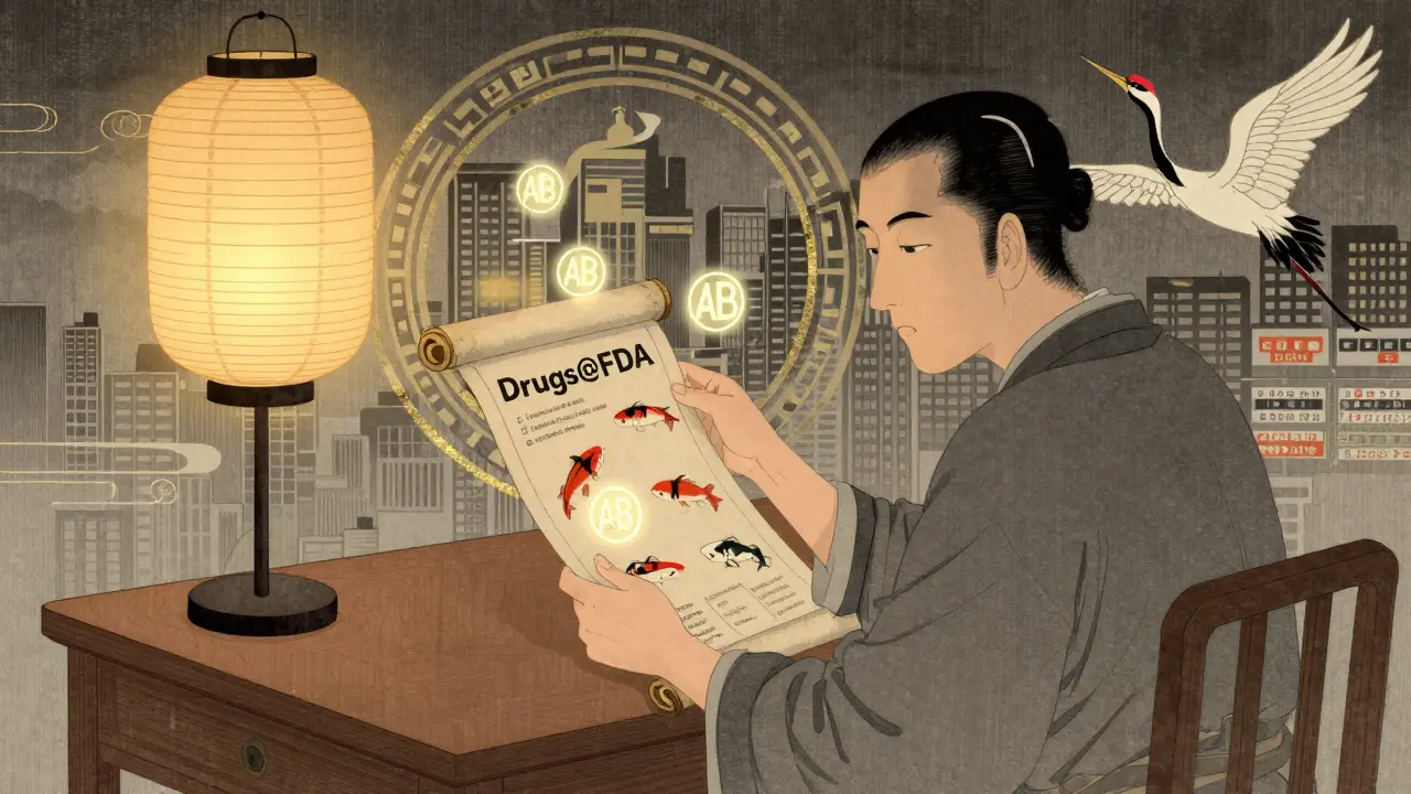 Patient reviewing FDA drug information on a scroll with AB-rated symbols floating like koi fish, in traditional Japanese illustration style.
