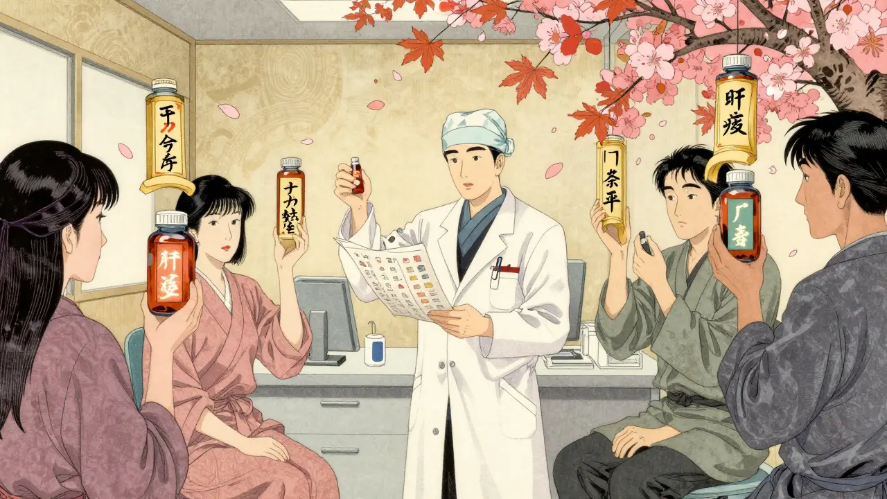 Patients present supplement bottles like scrolls in a clinic, surgeon holds a checklist as cherry blossoms fall.