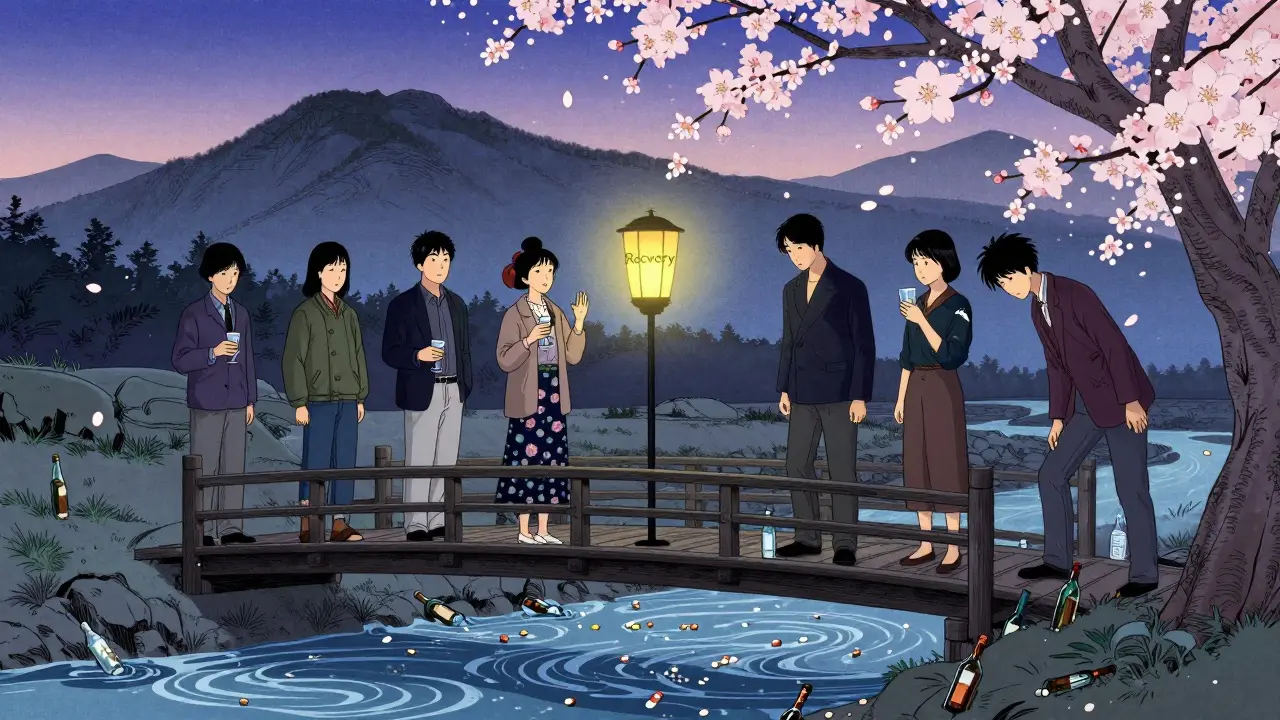 People on a bridge over pills and alcohol, one surrendering, a recovery lantern glowing ahead.