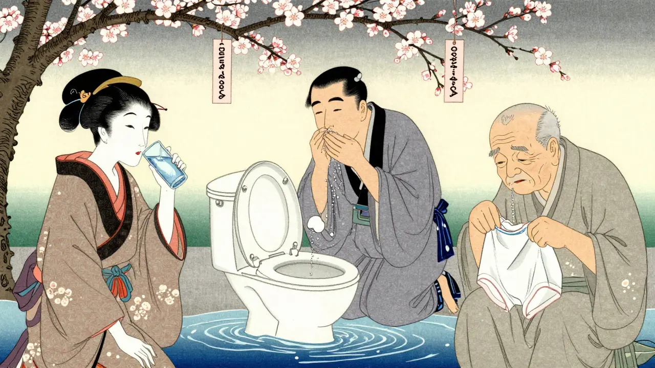 Three people practicing daily hygiene rituals with water, cotton underwear, and hydration, connected by a flowing river.