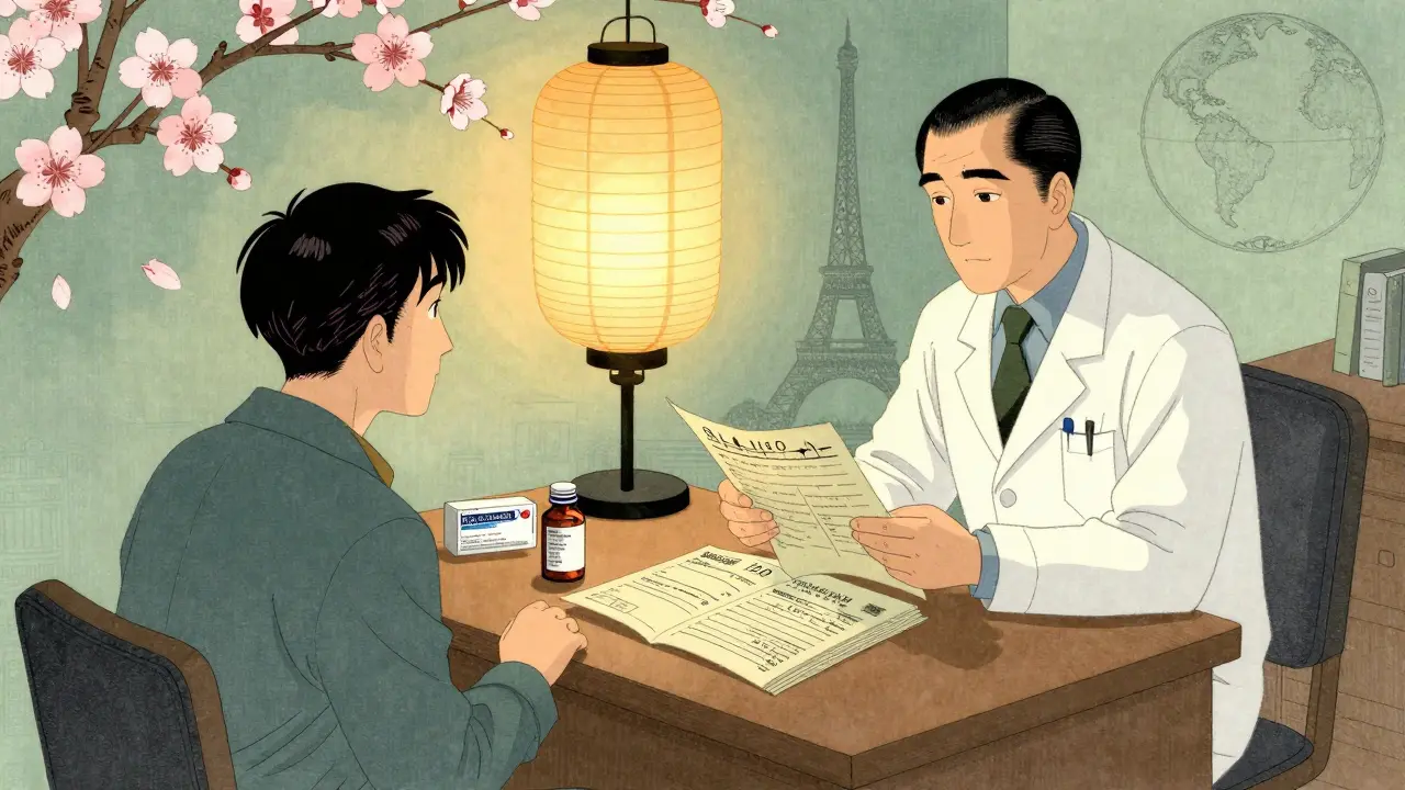 Traveler in Paris clinic receives local prescription from doctor, generic medication visible on desk.