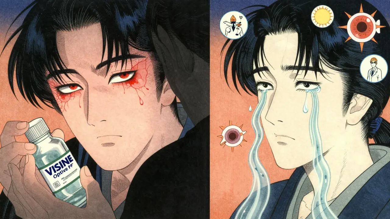 Two contrasting paths: one showing worsening redness from Visine, the other healing tears from preservative-free drops.