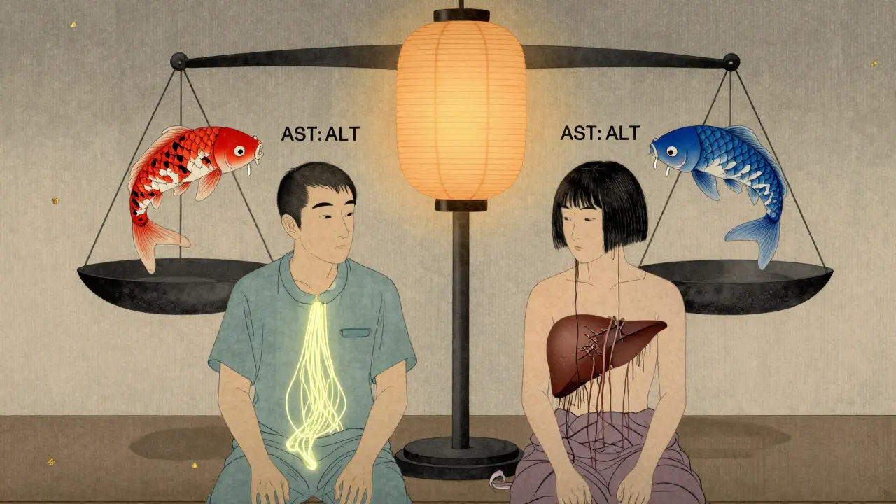 Two patients under a lantern, one healthy with glowing threads, the other with frayed ones, in ukiyo-e style.