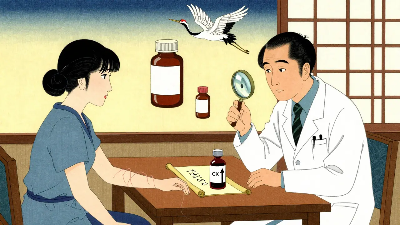 A doctor and patient at a wooden table with a TSH scroll, statin bottles floating like lanterns, crane in sky.