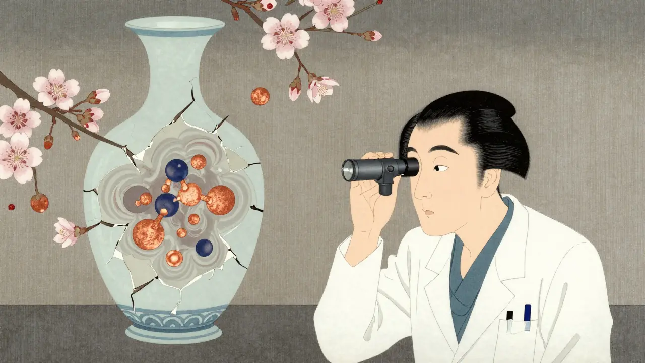 A doctor examining an eye as a lens transforms into a cracked vase with molecular clumps inside.