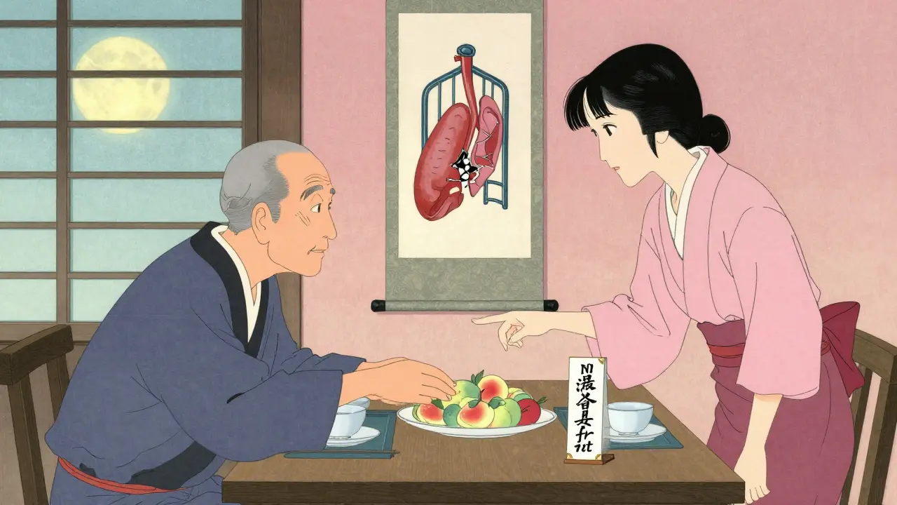 A family stops an elderly man from eating grapefruit, guided by a quiet warning sign under soft moonlight.