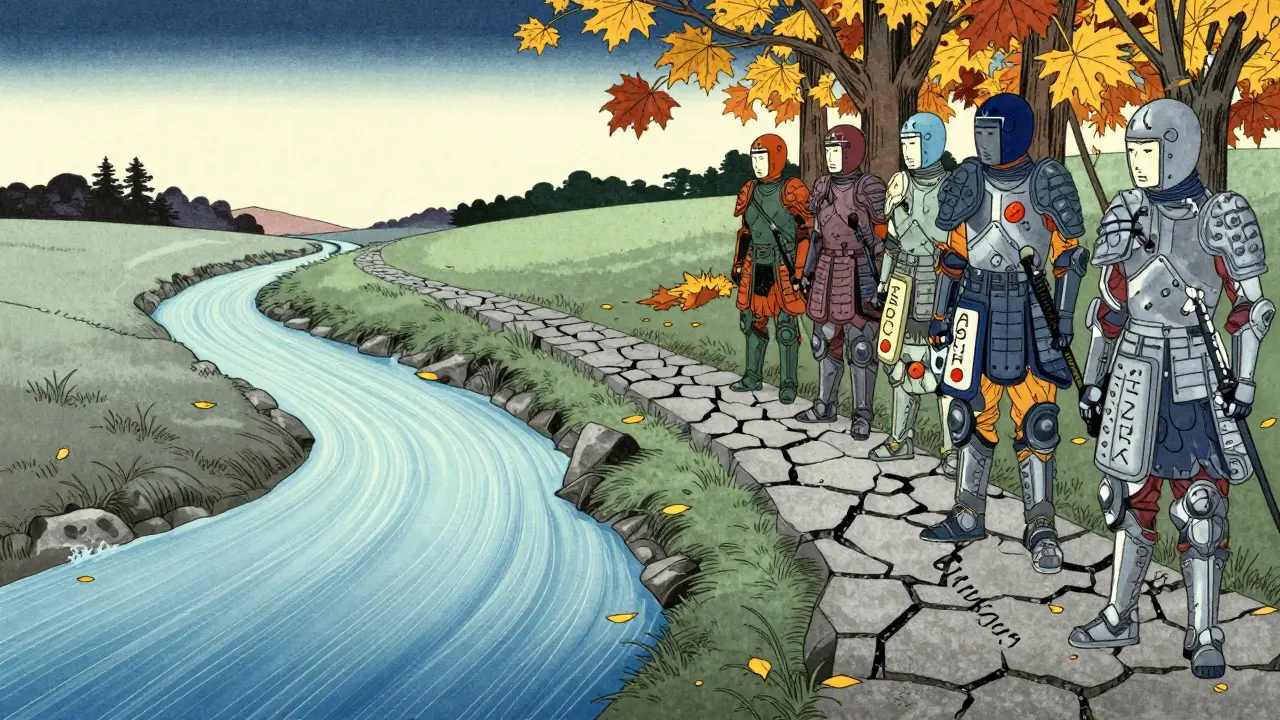 A liver landscape with UDCA river and steroid armor defending against immune attack, autumn leaves symbolizing treatment outcomes in ukiyo-e style.