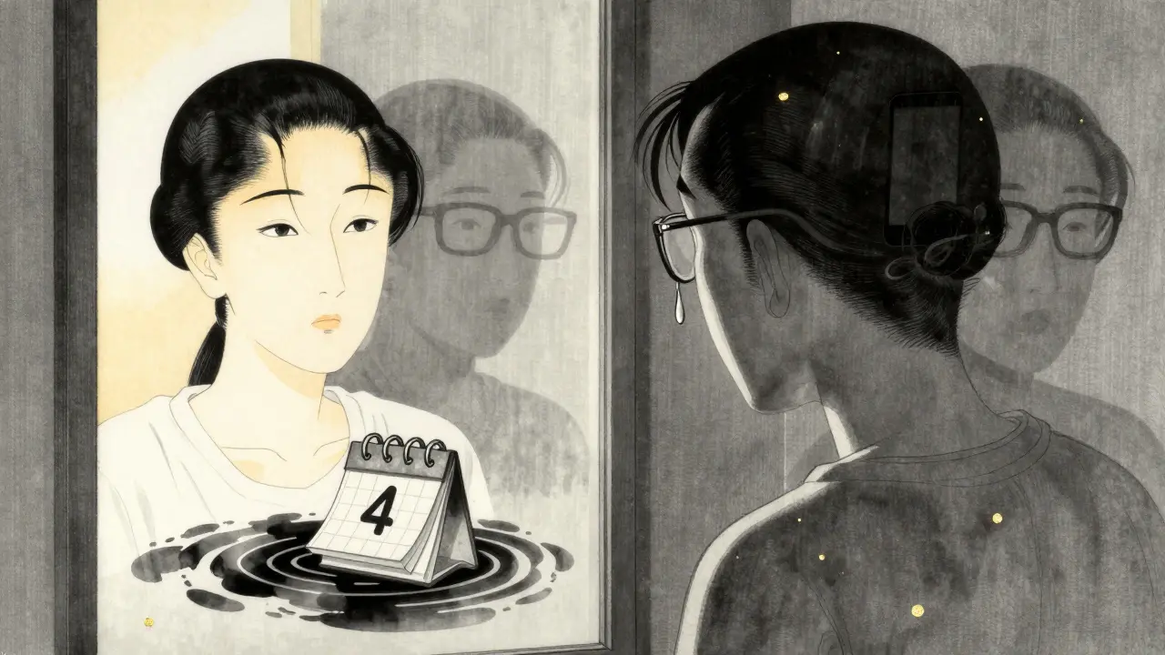 A patient in a mirror, one side clear vision, the other blurred with double images and a falling tear.