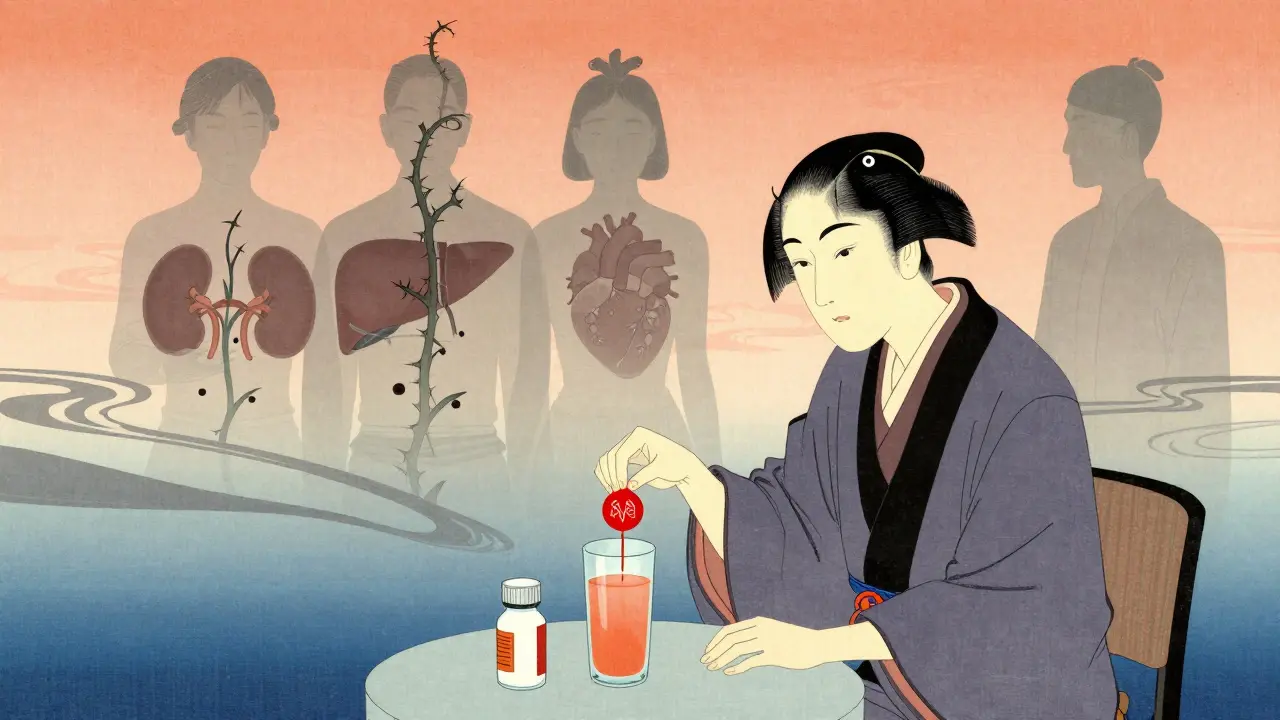 A pharmacist seals a warning over grapefruit juice as ghostly transplant recipients fade into shadows beneath rising vines.