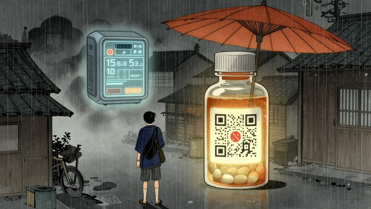 A traveler holding an expired pill bottle under an umbrella, with a glowing temperature indicator showing warmth, in a misty village setting.
