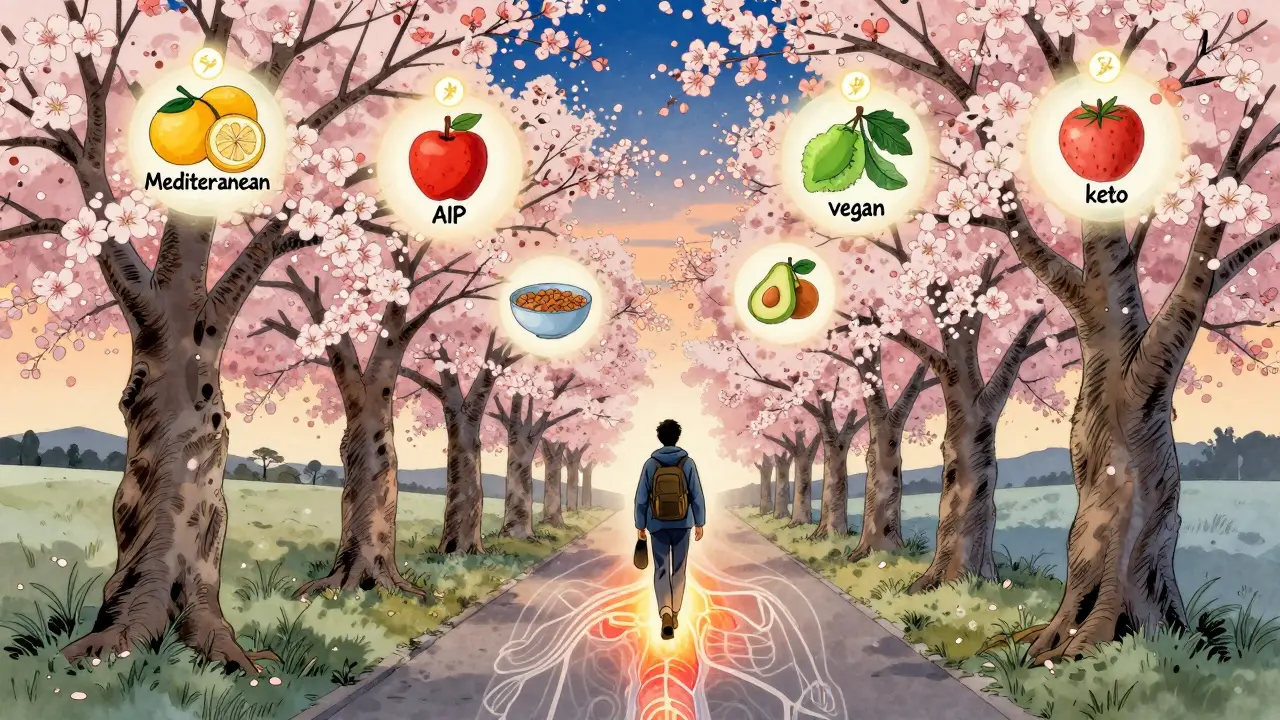 A traveler walking a path of diet choices, with glowing symbols above each tree, as a fading immune map glows beneath them.