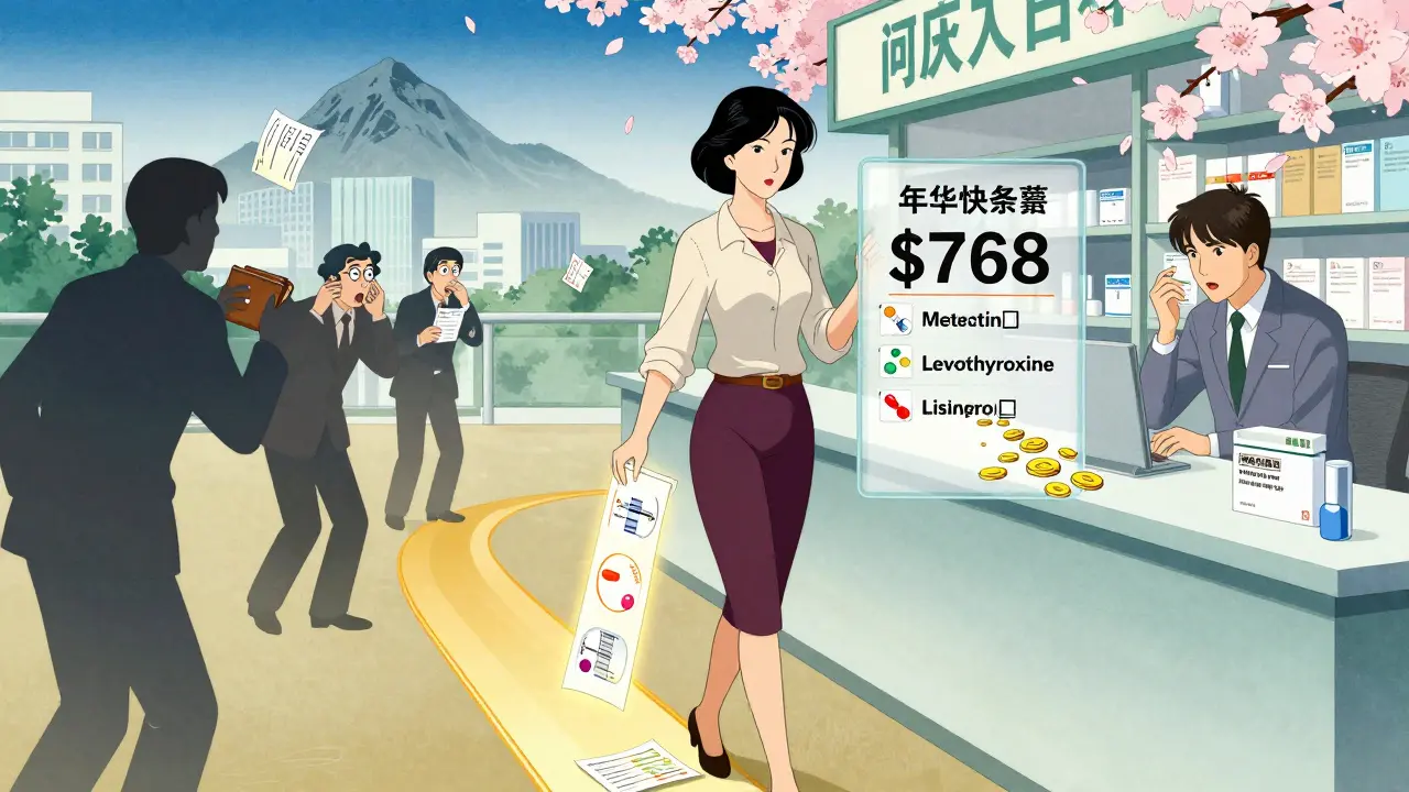 A woman walking into a pharmacy with a savings path glowing above her, surrounded by floating medication icons.