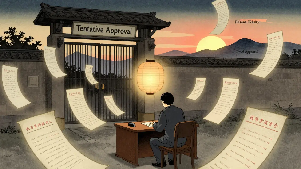 An applicant faces 17 information requests as a gate labeled 'Tentative Approval' glows in the background, with sunrise ahead.