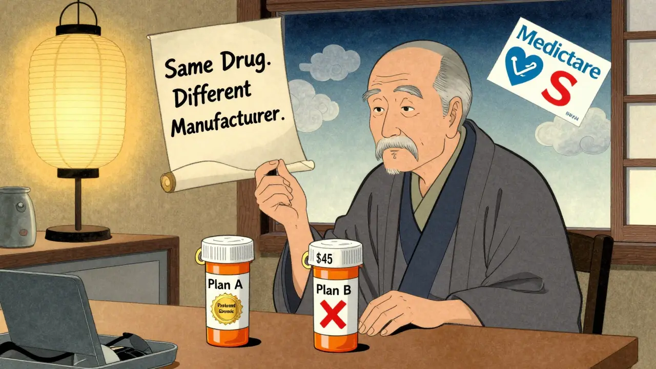 An elderly man comparing two identical prescription bottles with drastically different prices, lit by a paper lantern.