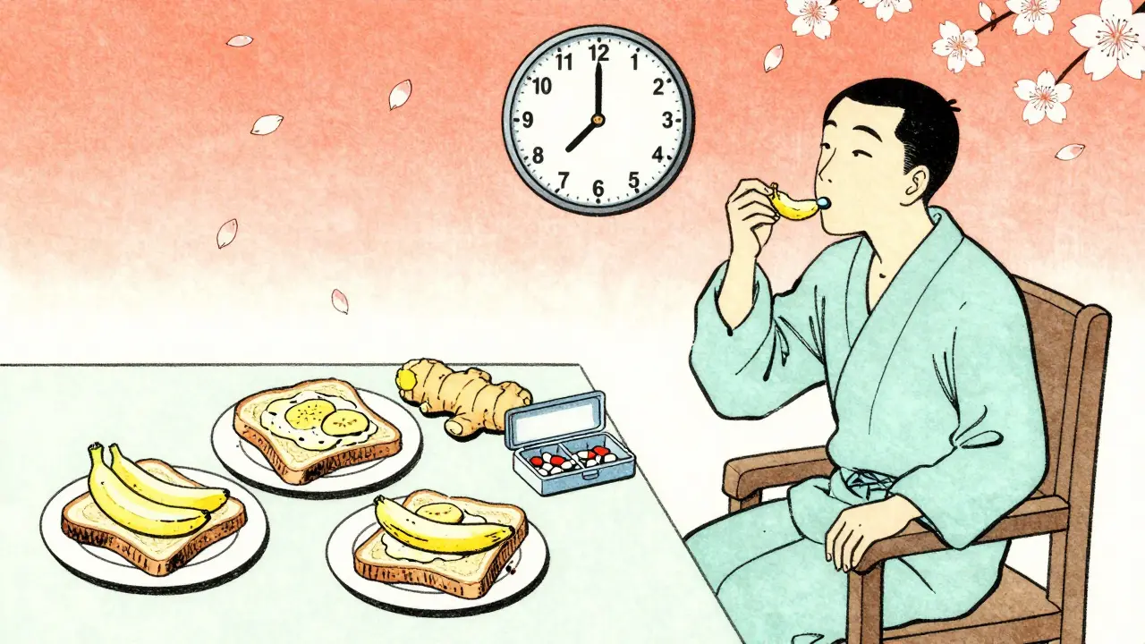 Daily routine of small meals, ginger, and timed antiemetic doses with cherry blossoms marking intervals.