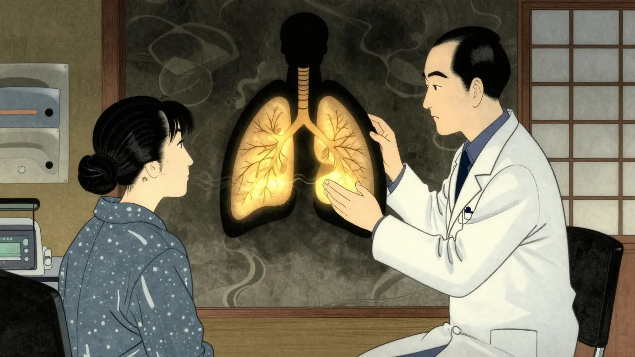 Doctor discussing respiratory health with a patient in a clinic.
