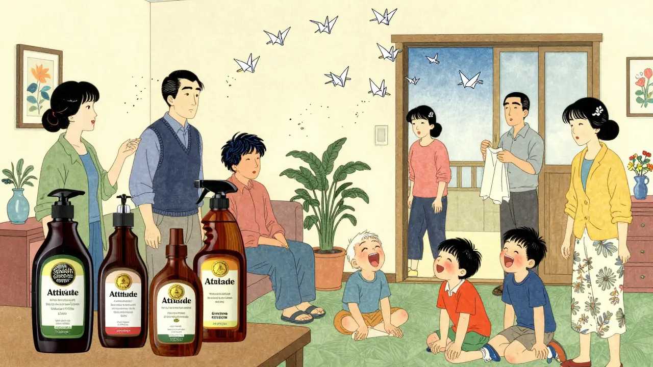 Family replacing cleaners with certified bottles as allergens turn into dissolving paper cranes.