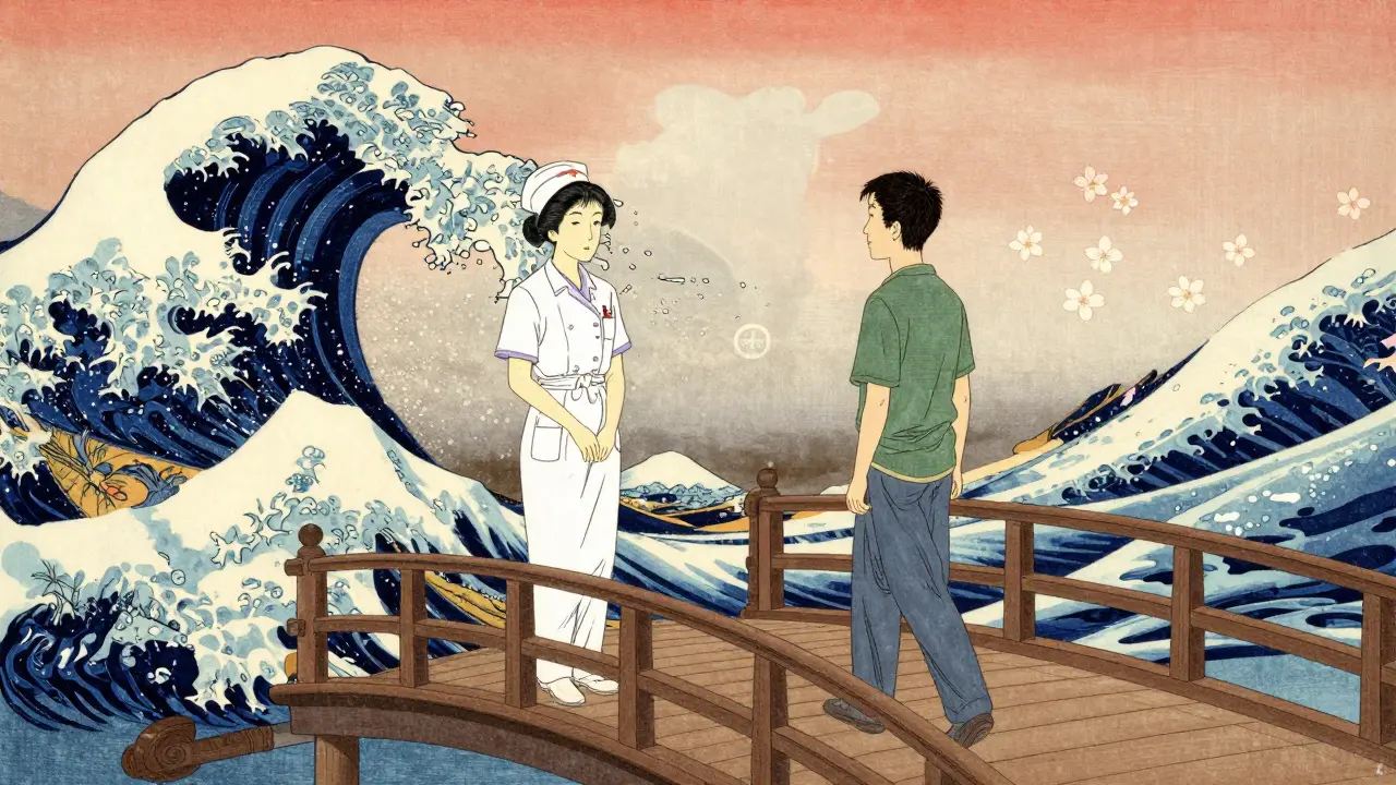 Nurse and patient walking across stylized bridge