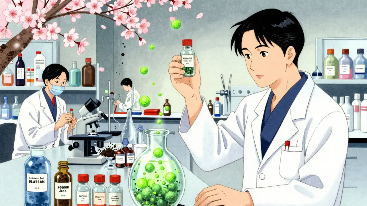 Scientists in kimono lab coats examine vials with glowing allergen particles rising like blossoms.