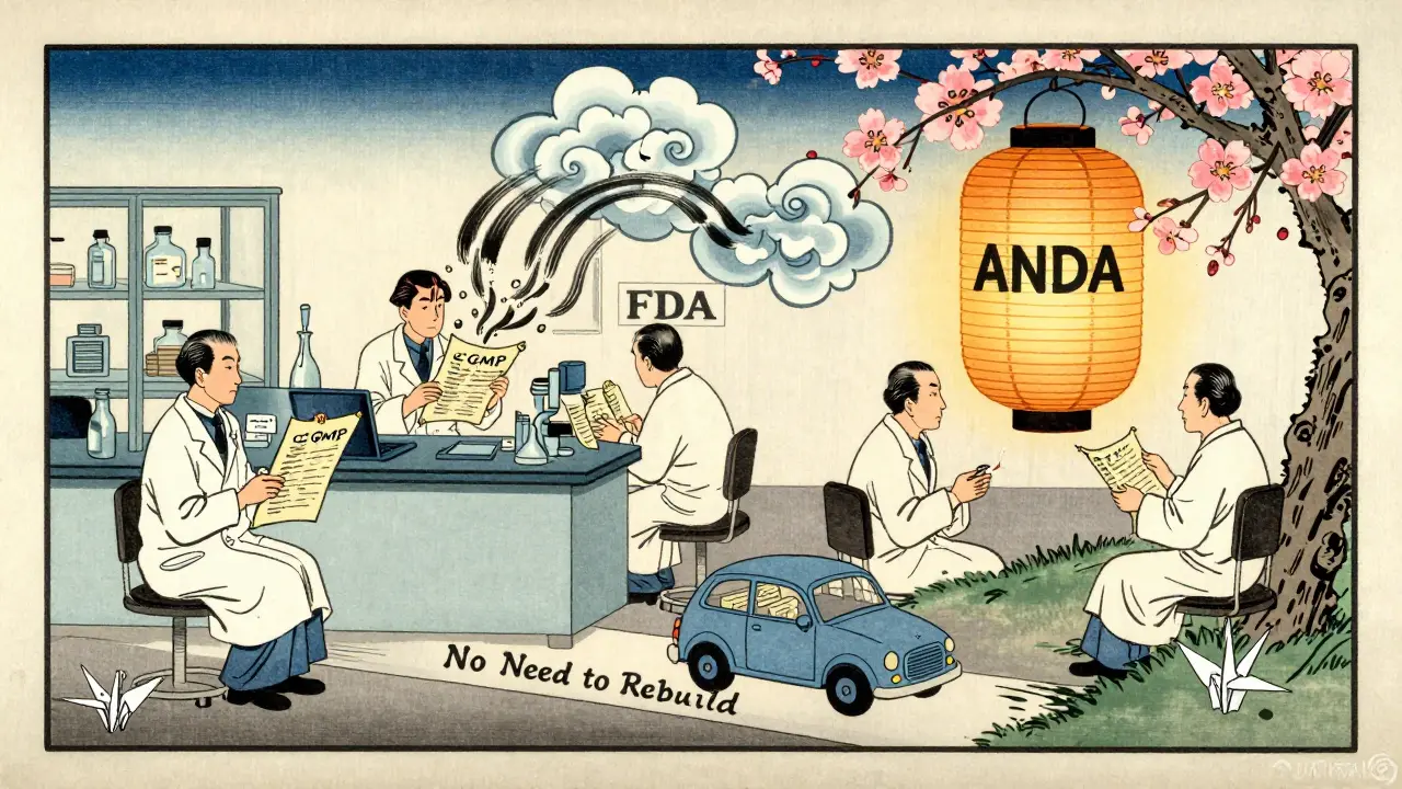 Scientists in traditional robes review ANDA scrolls in an Edo-style lab, with a car symbolizing bioequivalence gliding along a path.